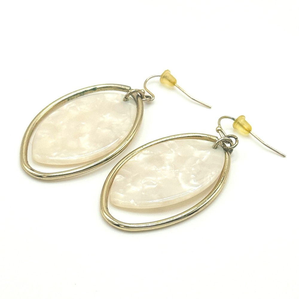 Hoop Dangle Earrings Pearlescent Marquise Boho Marbled Feminine Gold Tone‎ Drop